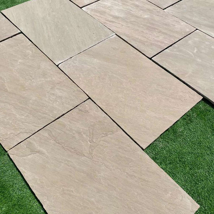 Raj green Indian sandstone paving slabs 900 x 600